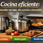 Hervidor eléctrico, olla a presión y microondas sobre una encimera de cocina, representando una rutina de cocina eficiente para ahorrar tiempo y energía