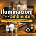 Portada con living, cocina y dormitorio iluminados para ilustrar una guía de iluminación por ambiente