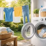 Ropa secándose al aire junto a una secadora abierta en un hogar luminoso