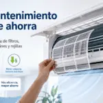Aire acondicionado tipo split con filtro removible en mano y mensaje “Mantenimiento que ahorra: limpieza de filtros, serpentines y rejillas”.