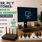 Escritorio home office con router, PC, monitores en reposo y regleta con interruptor para reducir el consumo eléctrico.